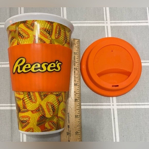 Reese's Peanut Butter Cup 12 oz Ceramic Cup Travel Mug with silicone grip & lid - Picture 7 of 7